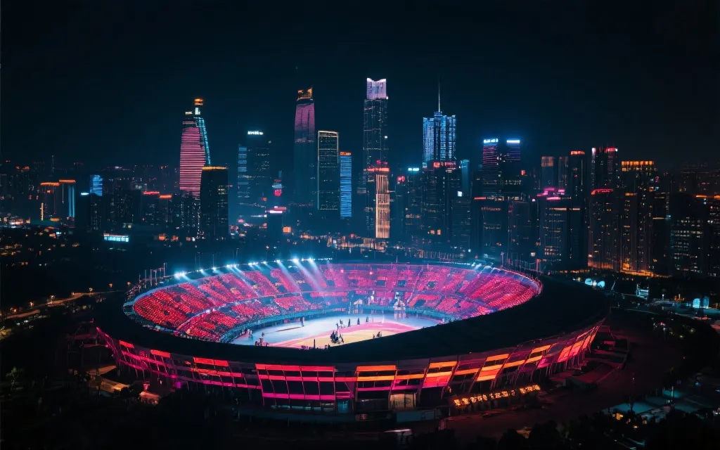 城市夜景与大型球场灯光交织的氛围感画面，象征世界杯开幕之夜