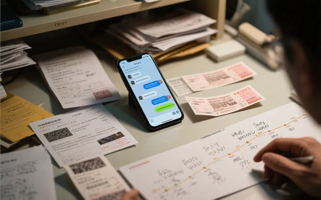 桌面上整理证据材料的场景：手机聊天记录、银行卡账单、票务截图与时间线笔记